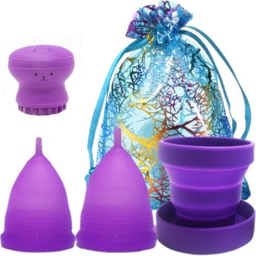 Medical Grade Silicone Menstrual Cup Feminine Hygiene menstrual Period Cup Reusable Menstruation Collector&Face Cleansing Brush