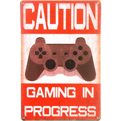 Shabby chic Funny Caution Gaming In Progress metal tin sign poster wall plaque