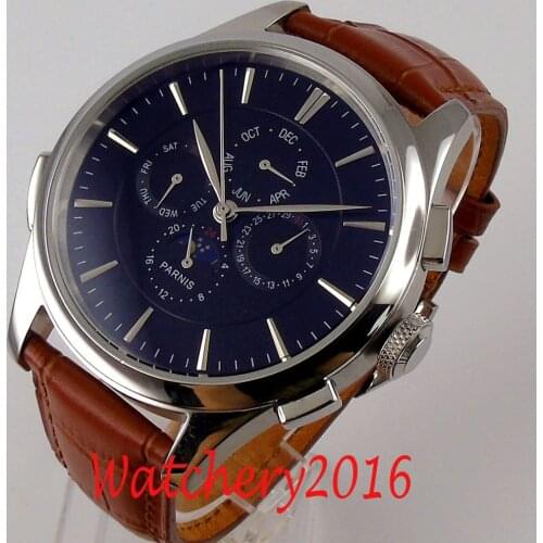 44mm Parnis Black Automatic watch men polished Date Day Moon Phase Silver marks