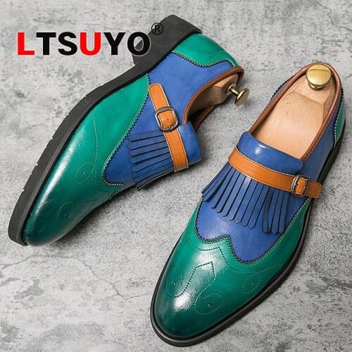 Mens leather casual small shoesfashionable large size color carved personality mens shoeshigh-end classic fringed brogue shoes