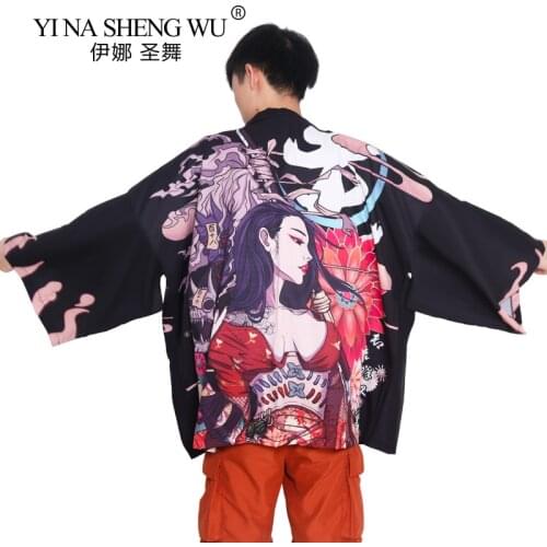 Mens Japanese Kimono Traditional Loose Anime Kimonos Fashion Beach Shirts Samurai Obi Haori Yukata Man Cardigan Shirts Costumes