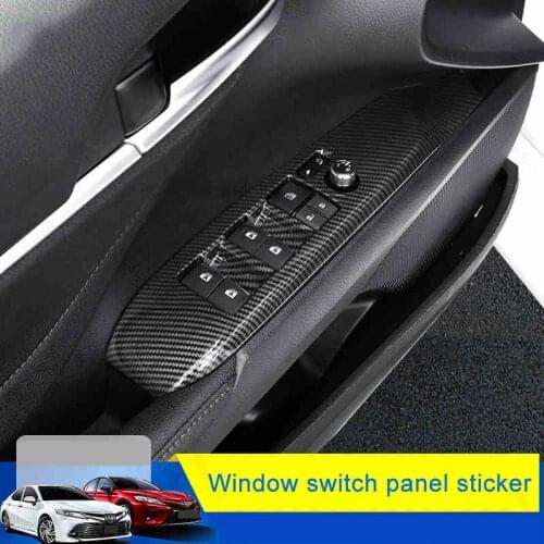 QHCP Window Lift Switch Button Frame Cover Panel Trim Sticker ABS Carbon Fiber Wood Grain 4Pcs/Set Special For Toyota Camry 2018