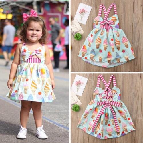Toddler Kids Baby Girls free shipping clothes sleeveless strap striped V-neck ice cream print Backless cotton Dresses one pieces