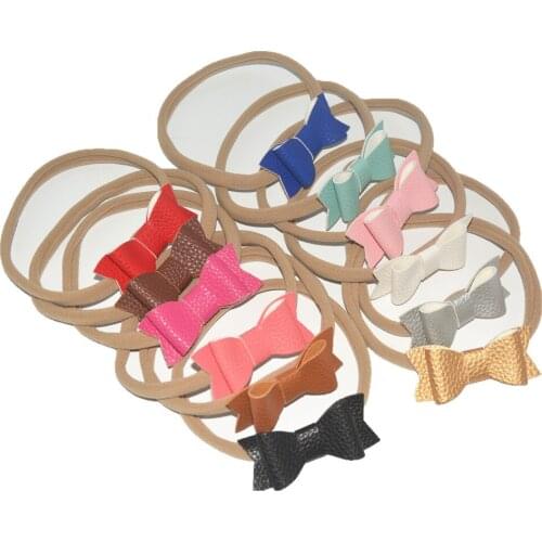 On Sale!Handmade Leather Bow Headband With Nylon Elastic Headbands Girls Nylon Headband Hair Bow Headband 60pcs/lot 12 Color