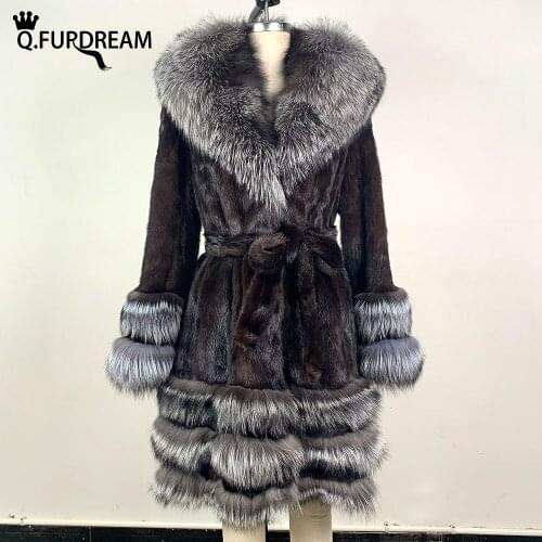 Q.FURDREAM Real Natural Mink Fur Coat Silver Fox Fur Turn-down Collar Cuffs Winter Woman Parkas Jacket Fashion Warm Outderwear