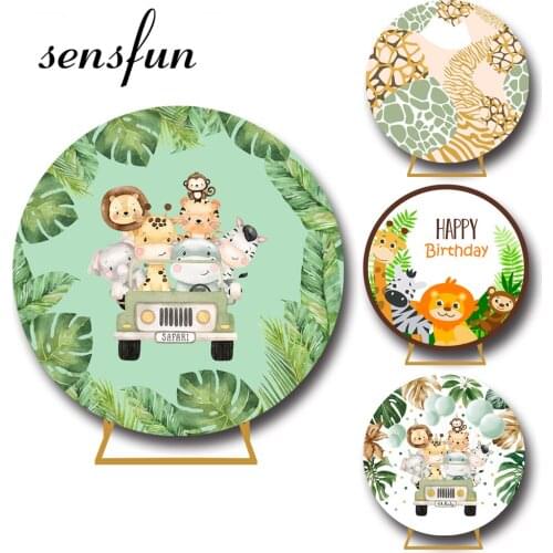 Sensfun Safari Jungle Party Round Backdrop Cover Green Leaves Animals Kids Wild One Birthday Circle Photography Background
