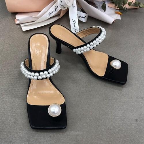 Open-toed Thin High Heels Sandals Pearl Decoration Slipper Party Pumps Outdoor Flip Flop Woman Slides Wholesale Zapatos De Mujer