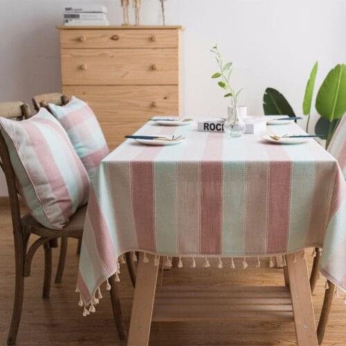 Striped Tablecloth with Tassels,Rectangular Linen Cotton Table Cover for Kitchen Dinning Room Tabletop Coffee Table Decoration