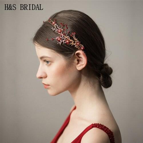 H&S BRIDAL Red Crystals Bride Headband Rhinestone Hair Jewelry Bridal Headpieces Garland Wedding hair accessories