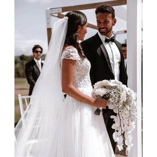 LORIE A Line Floor Length Tulle Wedding Dress 2021 V Neck Sparkly Beaded Sequins Bridal Gowns With Appliques Vestido De Noiva