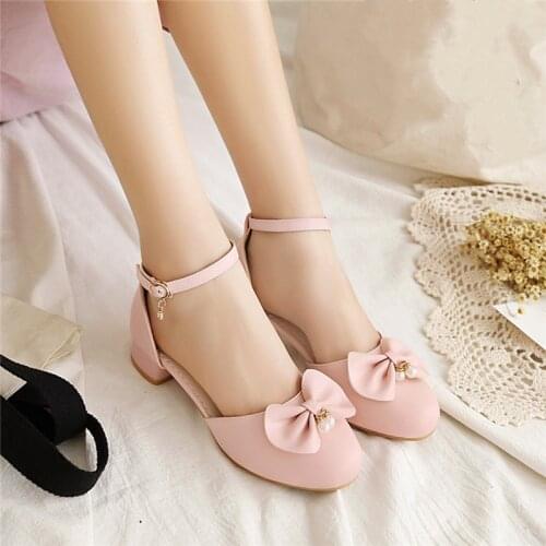 YQBTDL 2020 Ladies Cosplay Princess Lolita Low Heel Pumps Women Shoes Pink White Summer Chunky Heel Plus Size Party Shoes Female