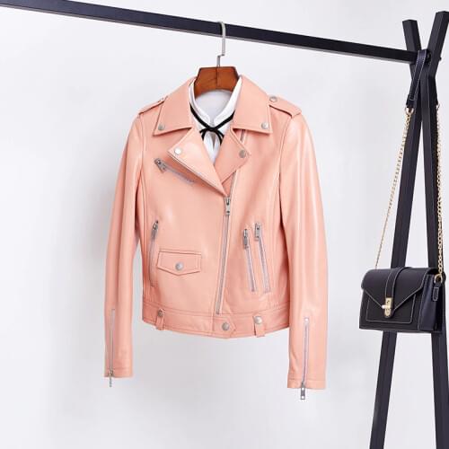 Spring Turkey Imported Sheepskin Genuine Leather Female Soft Coat Short Slim Pink Leather Cute Turn-down Collar Zipper Jacket