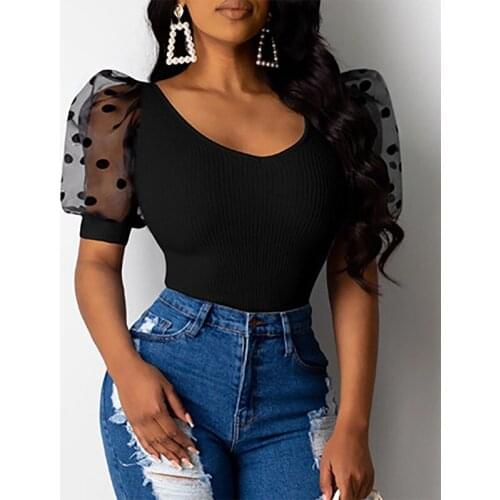 Summer Ladies Women Vintage Sexy Short Sleeve Low Cut Rib Polka Dot Puff Sleeve Skinny Club Fashion T Shirts Tops