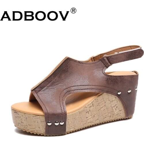 ADBOOV PU Leather Wedge Sandals Women Plus Size 42 43 Platform Sandals Summer Slipper Shoes