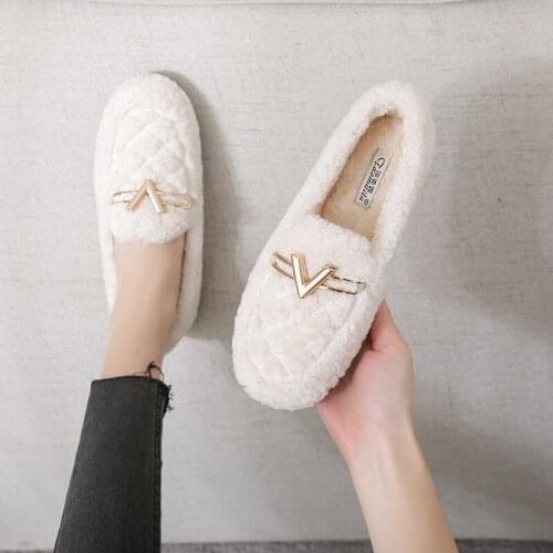 Winter Fleece Loafers Women Fur Flats Shoes Metal Decoration Slip on Round Toe Shoes =Furry Slides Big Size Zapatos De Mujer