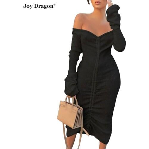 Womens Dresses New Arrival Casual Off Shoulder Drawstring Flare Sleeve Long Party Bodycon Dress Vetement Femme Vestito Donna