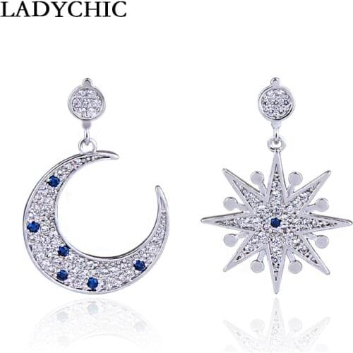 LADYCHIC Luxury Moon and Star Blue & Clear Zircon Earrings for Women Fashion Personality Asymmetric Silver Color Drop Earrings