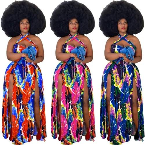 Plus Size Dresses 4xl 5xl Sexy Hang A Neck Strapless Print Bind Casual Style Elegant Maxi Dress for Women Wholesale Dropshipping