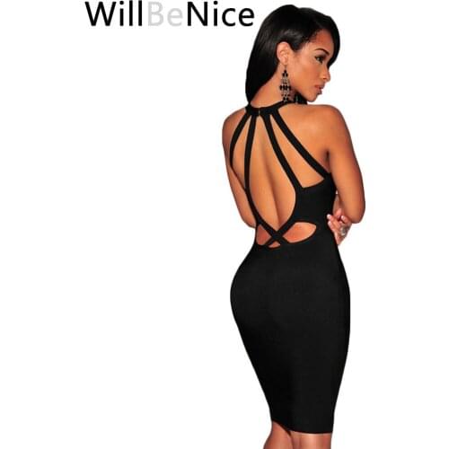 WillBeNice 2019 Wholesale Women Black Hollow Out Halter Neck Sexy Spaghetti Deep V Neck Bodycon Clubwear Bandage Dress Woman