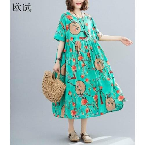 Oversized Boho Beach Dresses for Women New Fashion Oversize Flower Korean Dress Floral Print Summer Cotton Long Dress 2021