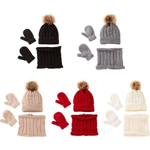 Winter Warm Baby Solid Color Hat Gloves Scarf Set Fur Ball Beanies Mitten Scarves Kit for Toddler Girls Boys G99C
