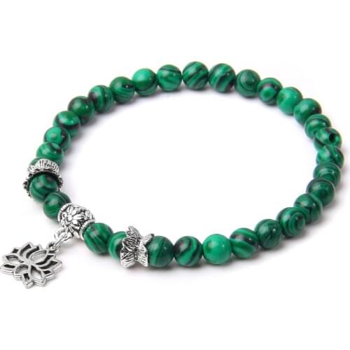 Natural Stone Beads Lotus Animal Charm Bracelet Green Malachite Beaded Elastic Energy Yoga Buddha Bracelet Jewelry for Women Men