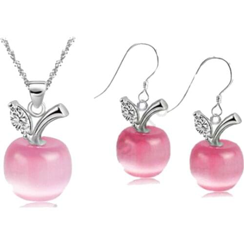 Fast Free Shipping Genuine Pure S925 Sterling Silver Red Apple CatS Eye Stone CZ Necklace Pendant Earrings Jewelry Sets