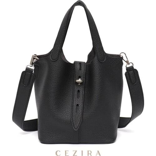 CEZIRA Brand Designer PU Vegan Leather Bucket For Women Luxury Top-handle Tote Shoulder Bags Female Fashion Crossbody Handbags