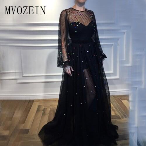 Vestido de festa Black Evening Dresses Long Tulle A-Line Jewel-Neck Full Sleeves Crystal Floor Length Evening Party Dress Formal
