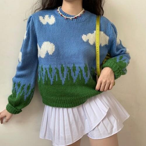 Women Childlike Innocence White Clouds And Green Grass Knit Sweater With Puff Sleeve