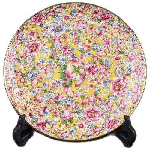 Chinese Porcelain Famille Rose Yellow Bottom Wanhua Appreciation Plate