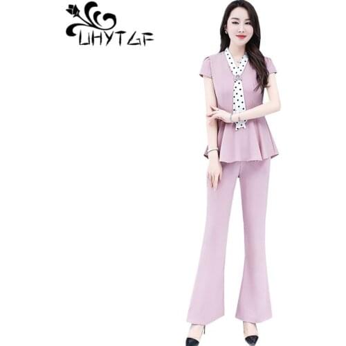 UHYTGF 2 piece set women fashion v-neck tops + bell bottom pants summer sets female 2020 casual plus size clothes for women 1689
