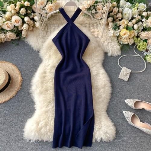 Summer Womens Dress European Style Sexy Cross Strap Hanging Neck Dress New Strapless Knitted Slim Female Dresses LL077