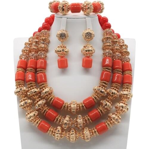 Fashion Coral Bead African Jewelry Set Dubai Gold Nigeria Wedding Costume Necklace Bracelet Earrings Suit Free Shipping CG412
