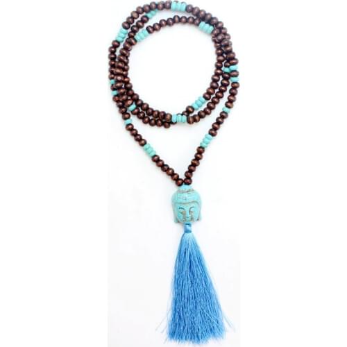 New design wood bead Buddha pendant handmade tassel pendant long necklace boho style knotted necklace women jewelry