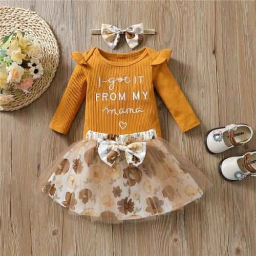 Autumn Spring Newborn Baby Girls Cotton Clothes Sets Letters O-Neck Romper Floral Mesh Skirt Bowknot 0-24Months