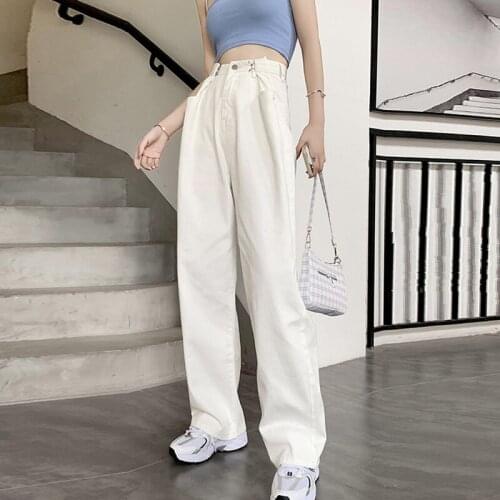 Casual Solid Woman Wide Leg Denim Trousers Plus Size High Waist Ladies Long Straight Jeans Pants Female Streetwear Pockets Pants