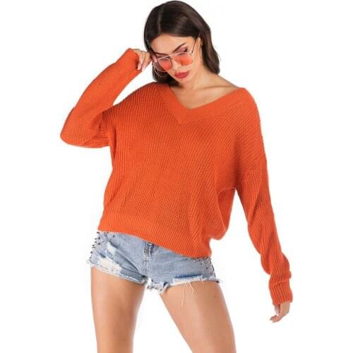 V-neck Knitted Pullover Sweater Long Sleeve Women Solid Color Orange Casual Top 2021 Autumn Winter Casual Loose Ladies Pullovers