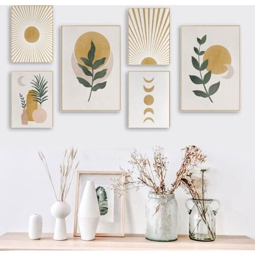 Sun Plant Leaves Nordic Posters and Print Yellow Gallery Wall Bohemian Abstract Landscape Oil Painting Art Canvas Home Decor