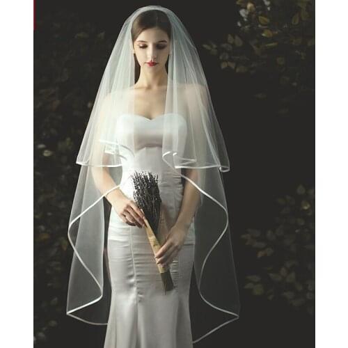 Bridal veil satin ribbon weding dreses veil simiple tulle satin binding veil