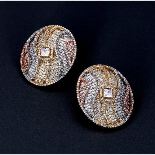 TIRIM Tendy Oval Shape Dangle Stub Earrings for Women Luxury Sparking CZ Cubic Ziron Stereo Wave Earing Fashion Jewelry Gifts