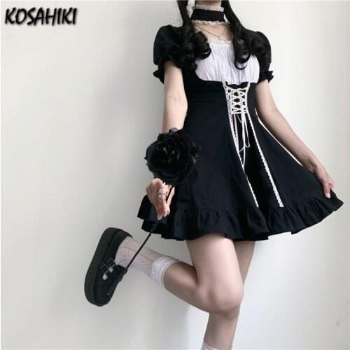 KOSAHIKI 2021 Japanese Cute Lolita Dresses Vintage Retro Vestidos Girls Ruffles Square Collar Patchwork Sweet Femme Robe 11a083
