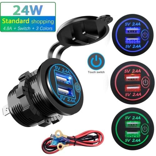 12V/24V 24W Fast Charging Dual USB Charger Socket Touch Switch Waterproof Universal Car Truck Boat Charger For Phone Tablet DVR