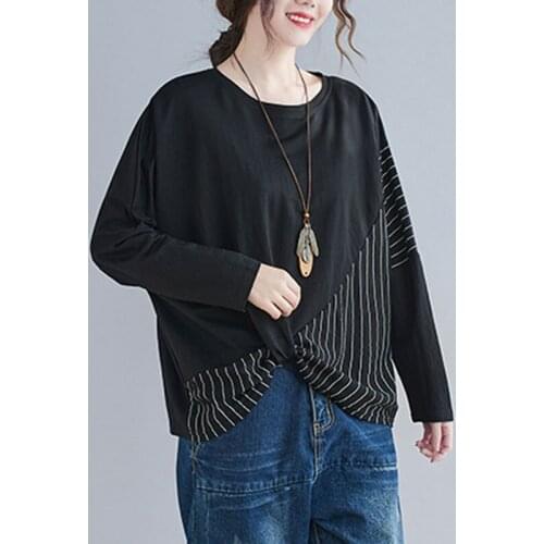 Oversized Women Cotton Casual T-shirts New 2021 Spring Simple Style Patchwork Striped Batwing Sleeve Female Tops Tees S3284