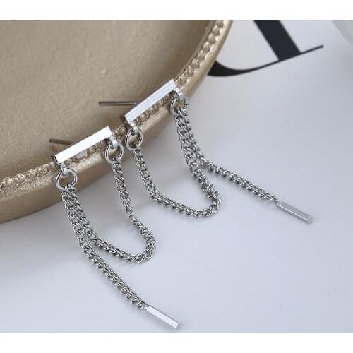 Fashion Womens S925 Silver Plated Platinum Square Bar Tassel Personality Stud Earrings SE1340