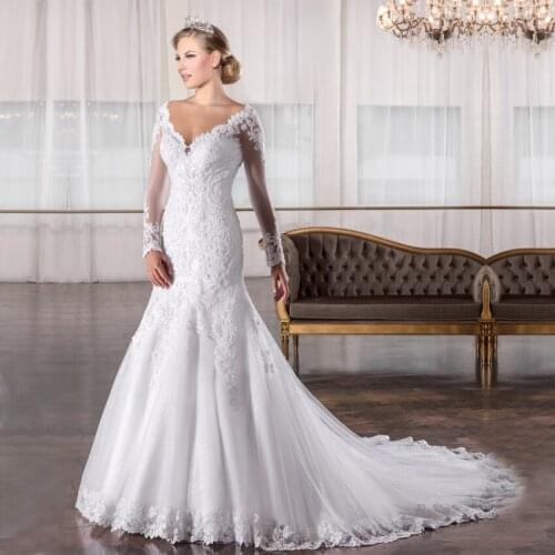 YIWUMENSA V Neck Mermaid Wedding Dresses 2020 Plus Size Long Sleeves Pearls Beading Bridal Gowns Custom Made Vintage Bride Dress
