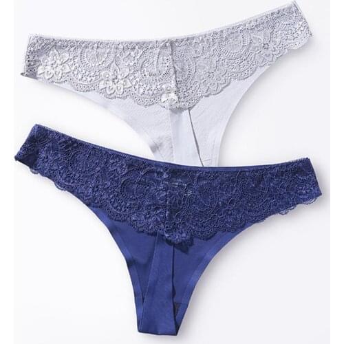 2Pcs Women Sexy Solid Color Low Waist Seamless Lace Trim Elastic G-String Thong Elastic Lace Seamless Low-waisted brief