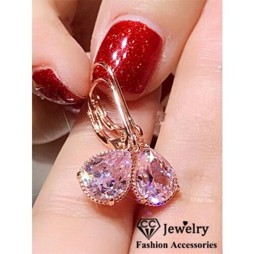 S925 Silver Drop Earrings For Women Water Drop Pink Cubic Zirconia Wedding Engagement Bridal Jewelry Dangle Earring CCE624