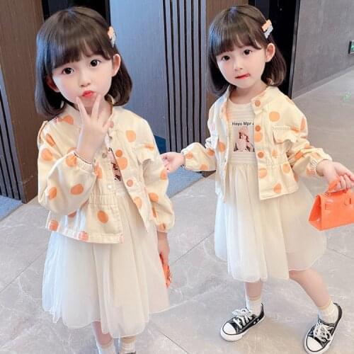 Childrens baby girl gauze skirt suit short denim jacket cardigan long-sleeved dress two-piece suit
