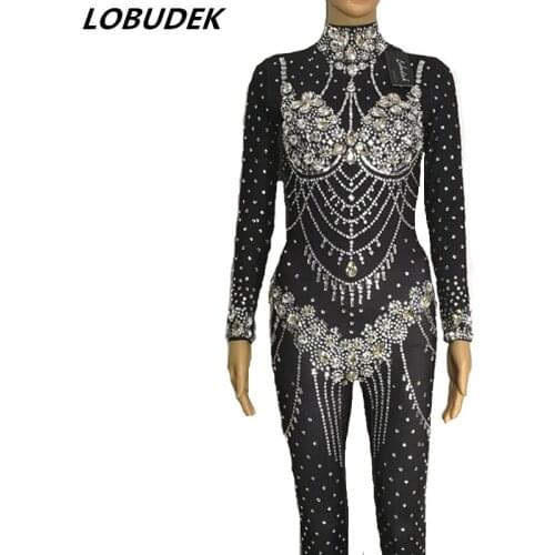 Elastic Sparkly Rhinestones Black Jumpsuit Glass Stones Bodysuit Bar Singer DJ Female Costume Sexy Birthday Party Stage Outfit